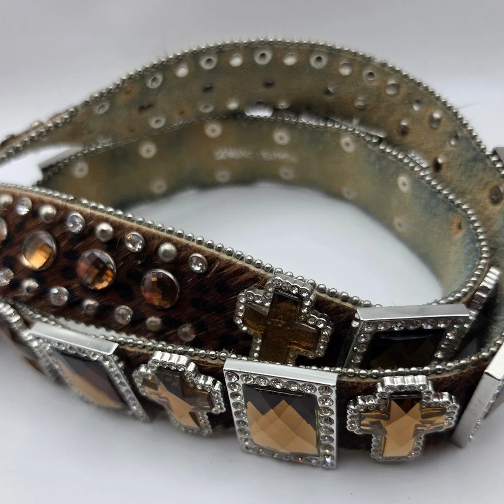Western Leopard Calf Hair Crystal Studded Cross Belt Silver Buckle Brown Amber
